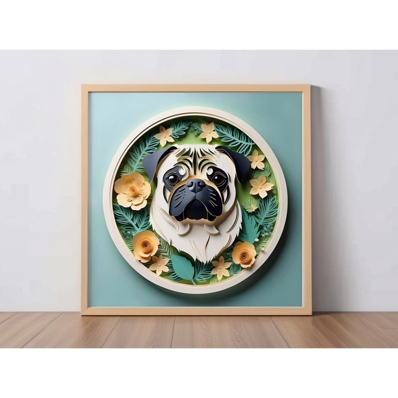 Pug Papercut Art: 12x12 Tan Pug Dog Pet Portrait Digital Art Print, Memorial - Picture 1 of 7